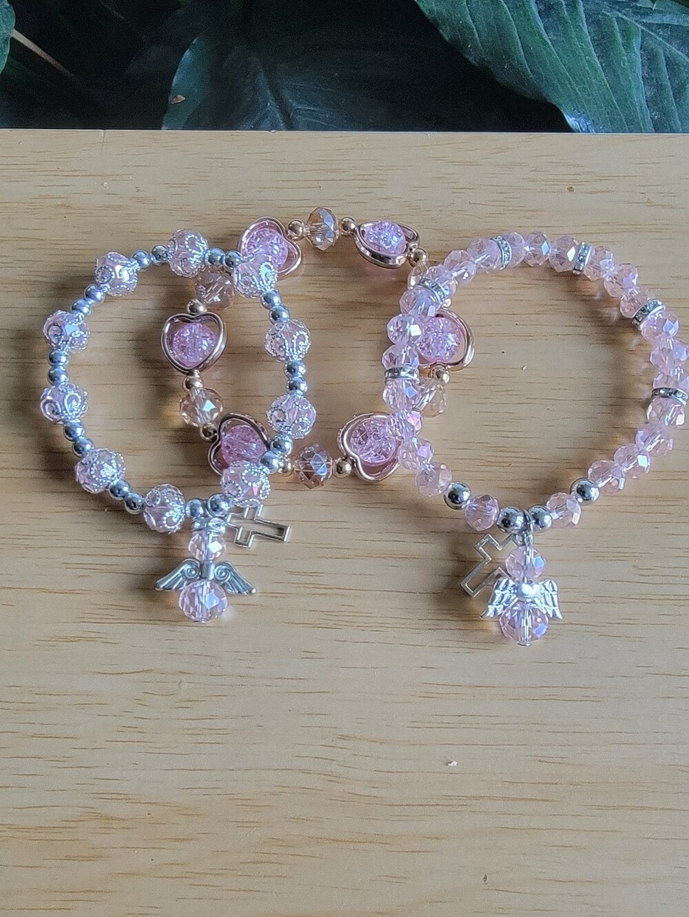 Handcrafted Pink Crystal Heart & Angel Charm Stretch Bracelets - Set of 3